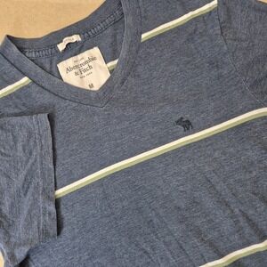 Abercrombie & Fitch Muscle Fit V-Neck Shirt Mens Medium Blue‎ Striped Moose Y2K